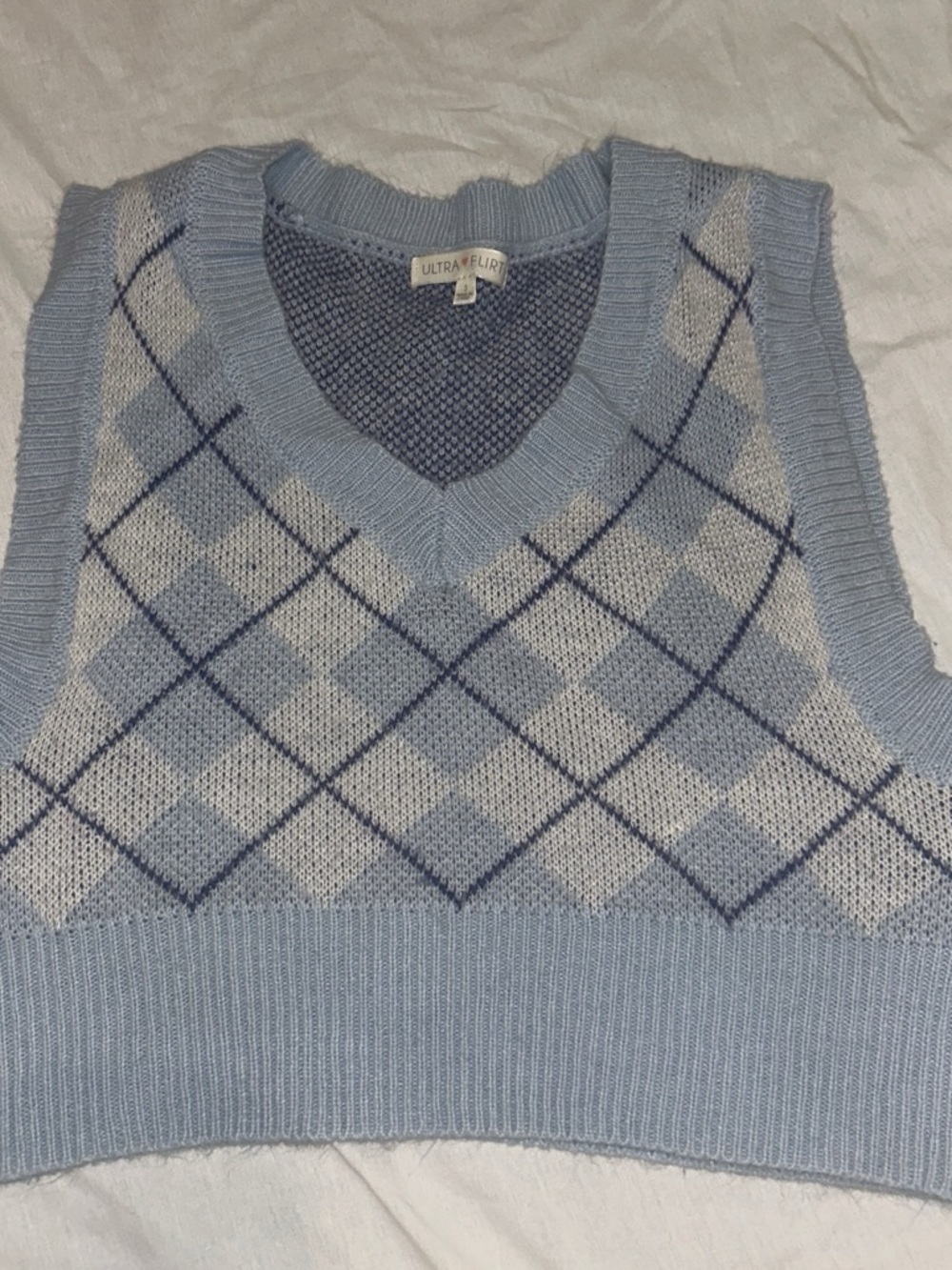 Ultra Flirt Light Blue and Navy Argyle V-Neck Sweater Vest